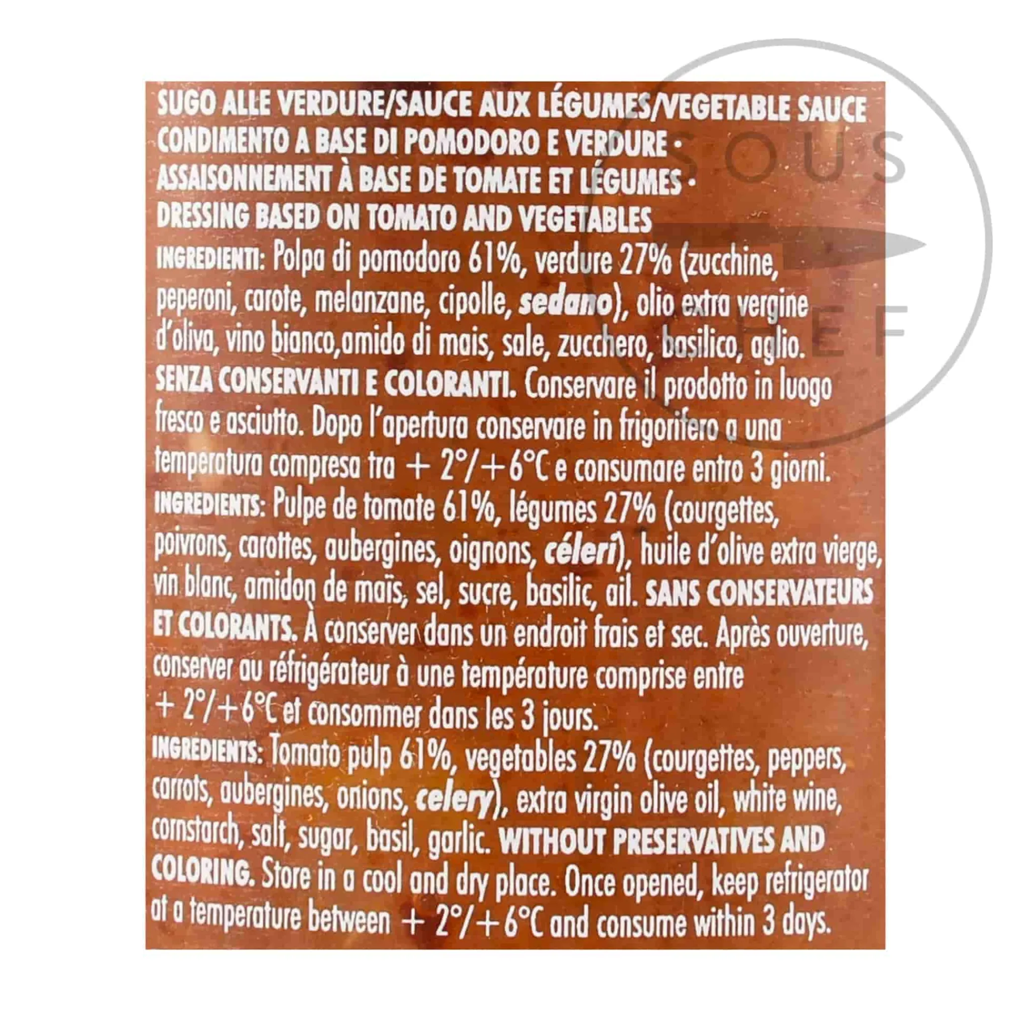 Discount Vegetable Pasta Sauce, 225g Ingredients Brands|Italian Ingredients