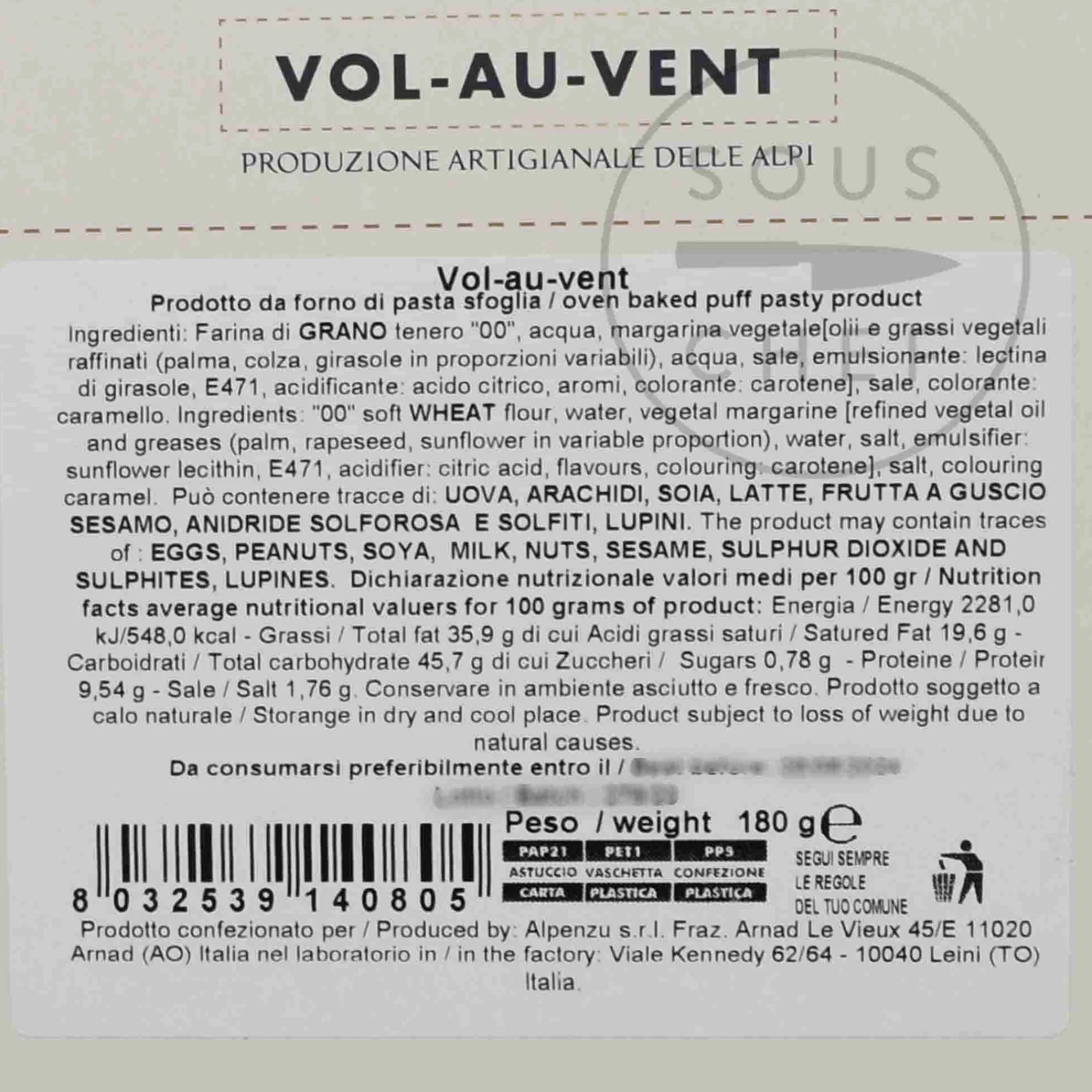 Vol Au Vent, 180g Ingredients Brands|Italian Ingredients