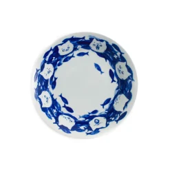 Outlet Cat with Fishes Japanese Deep Plate, 21cm Plates|Japanese Tableware