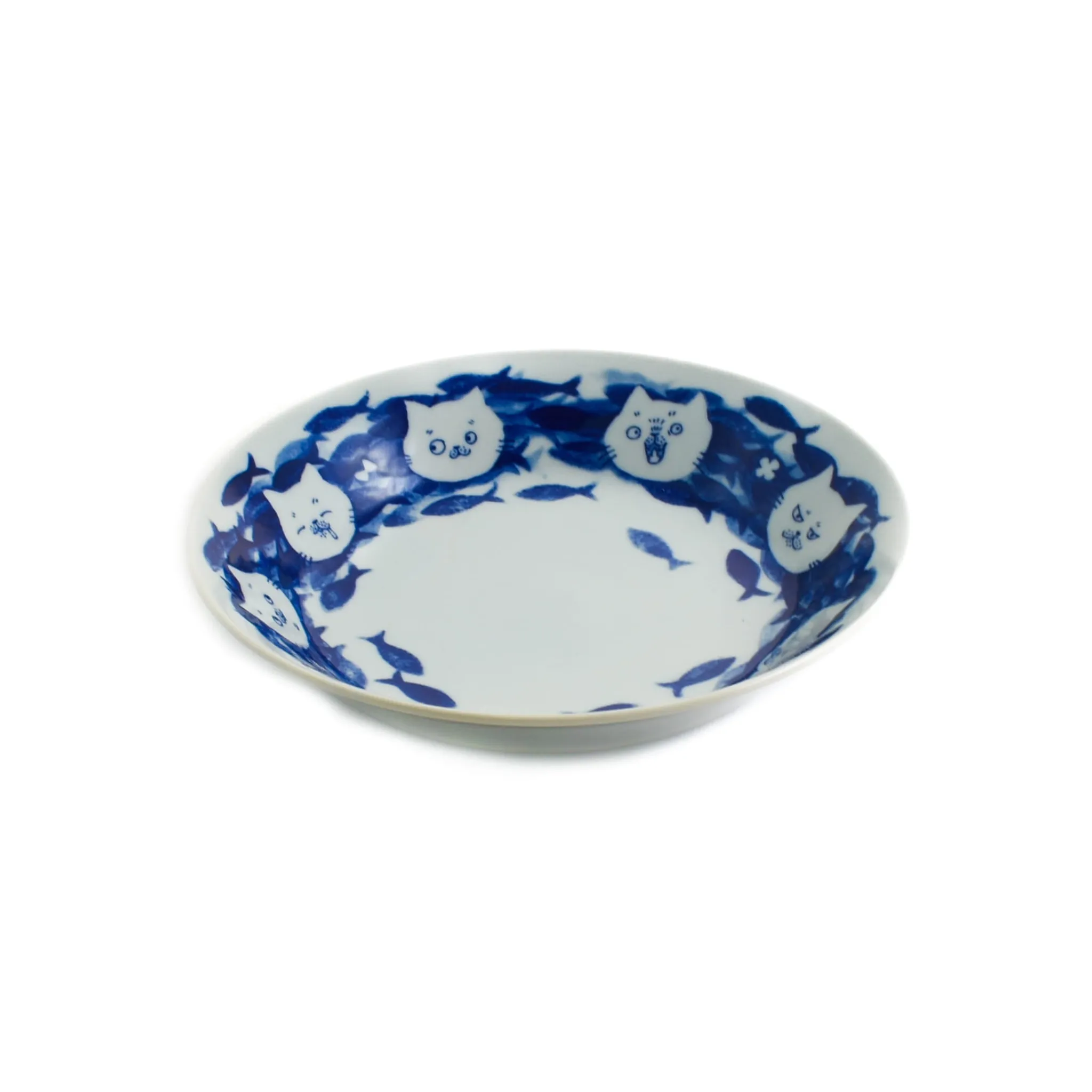 Outlet Cat with Fishes Japanese Deep Plate, 21cm Plates|Japanese Tableware