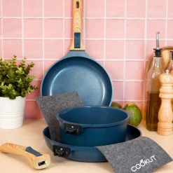Hot Lightweight Non-Stick 3 Piece Cookware Set with Detachable Handles, Blue, BPA-Free Pots & Pans