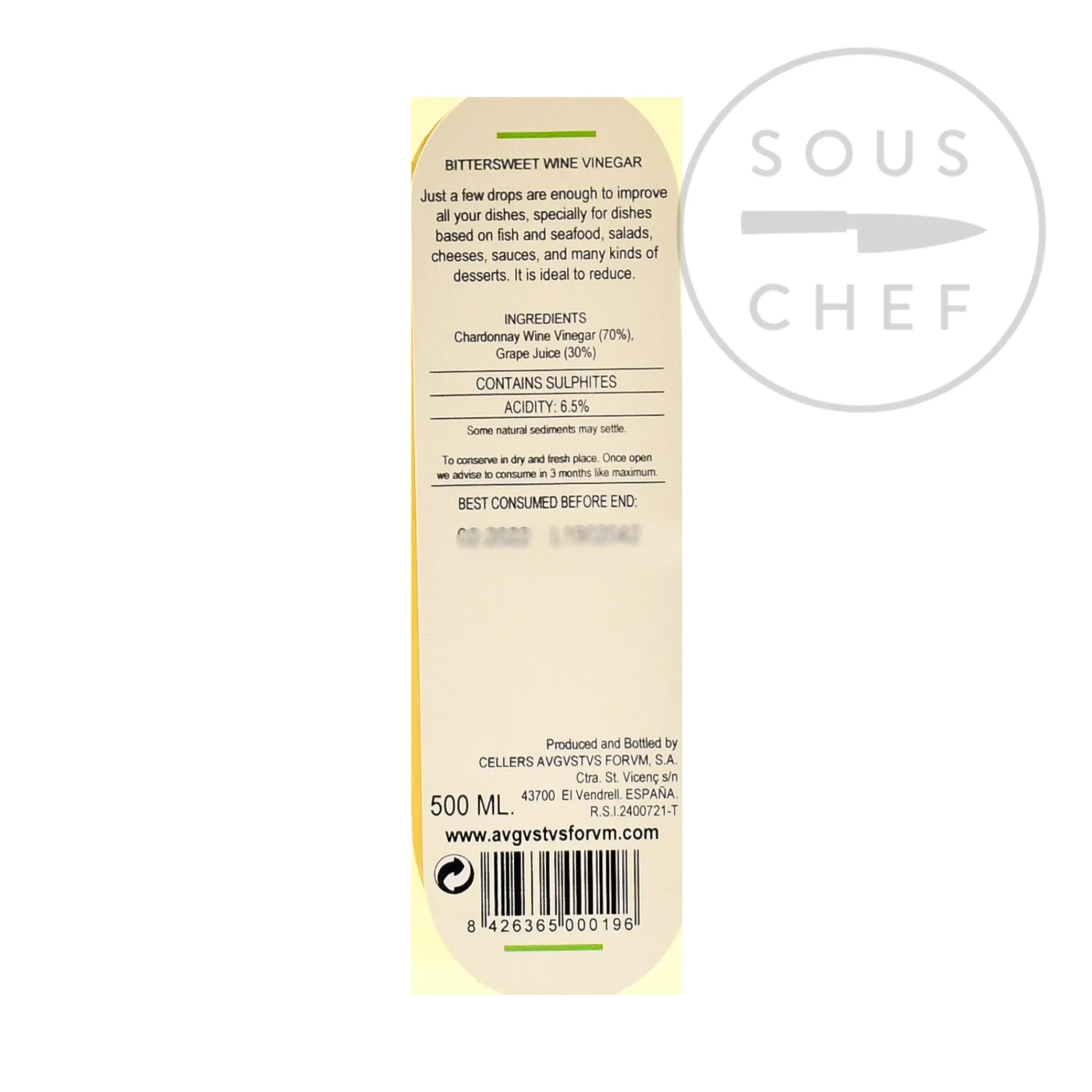 Chardonnay Vinegar, 500ml Spanish Ingredients|Oil, Vinegar & Dressings