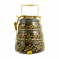 Best Hand Painted Three Tier Black Tiffin Tin, 1.5 Litre Indian Ingredients|Food Storage & Containers
