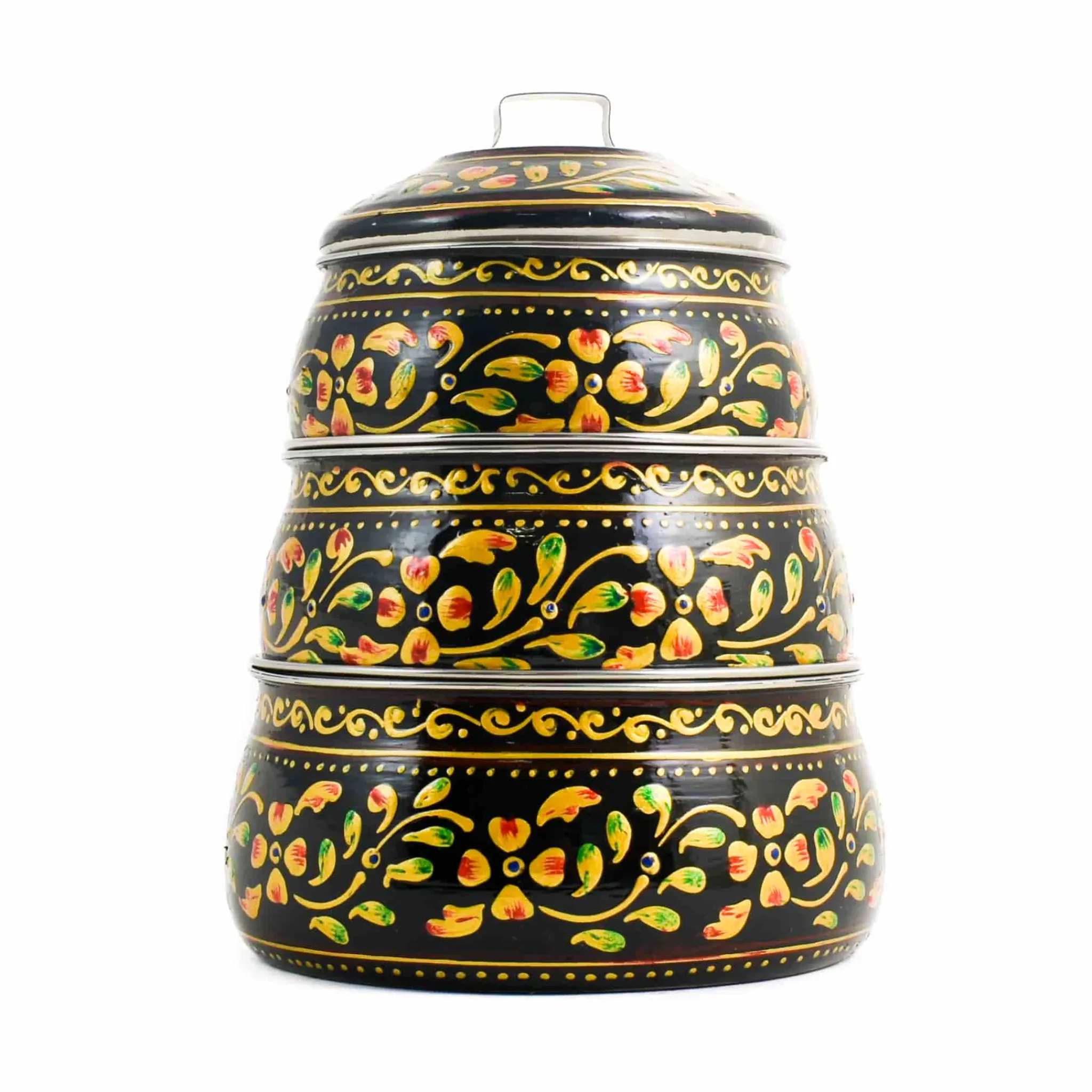 Best Hand Painted Three Tier Black Tiffin Tin, 1.5 Litre Indian Ingredients|Food Storage & Containers