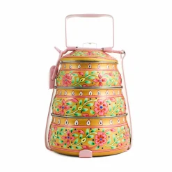 Hot Hand Painted Three Tier Yellow Tiffin Tin, 1.5 Litre Indian Ingredients|Food Storage & Containers
