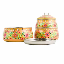 Hot Hand Painted Three Tier Yellow Tiffin Tin, 1.5 Litre Indian Ingredients|Food Storage & Containers