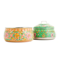 Hand Painted Two Tier Pink & Green Tiffin Tin, 750ml Indian Ingredients|Food Storage & Containers