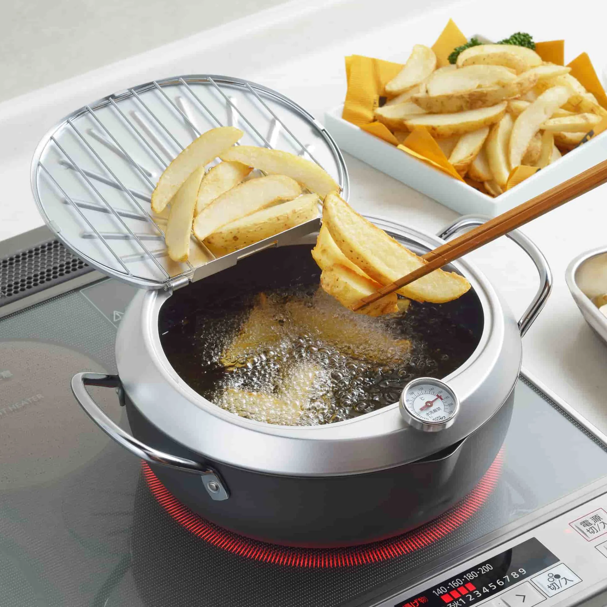 Hot Japanese Tempura Frying Pot with Temperature Probe & Drip Rack Japanese Ingredients|Pots & Pans
