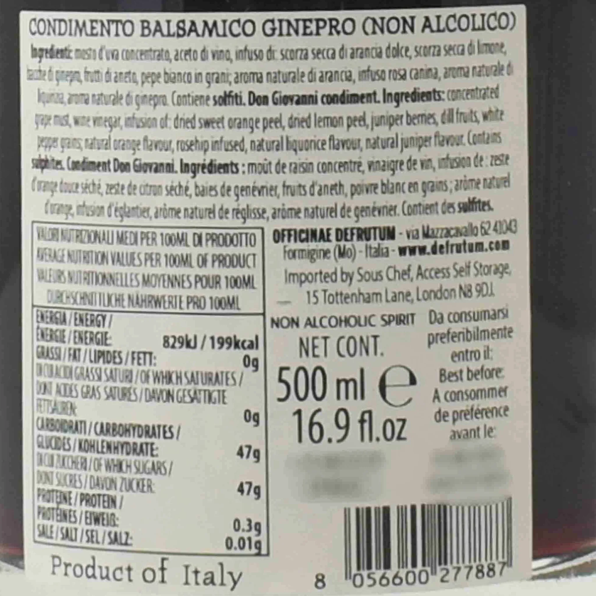 Best Leonardi Orange Balsamic Alcohol Free Gin, 500ml Ingredients Brands|Italian Ingredients
