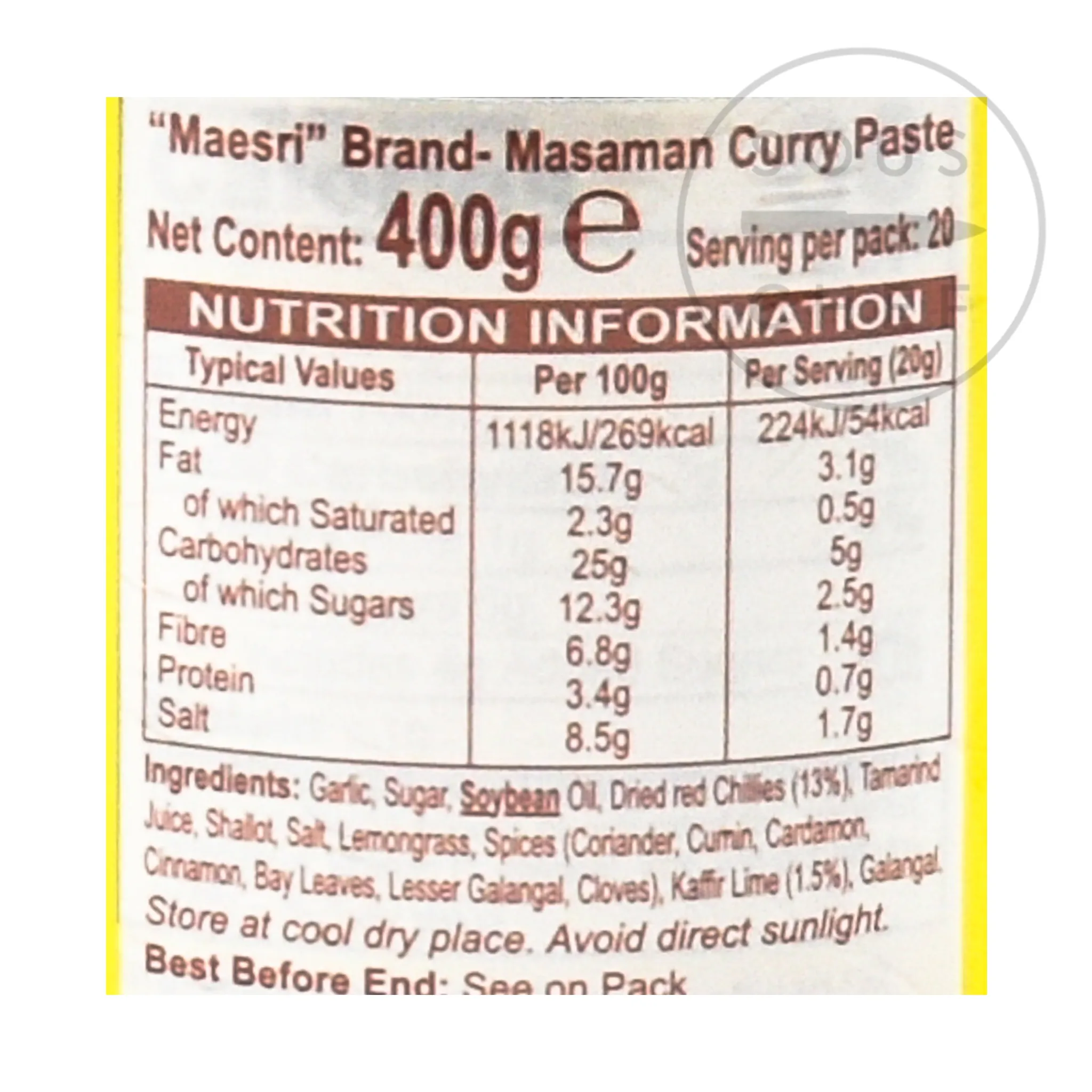 Hot Thai Masaman Curry Paste, 400g Ingredients Brands|Southeast Asian Ingredients