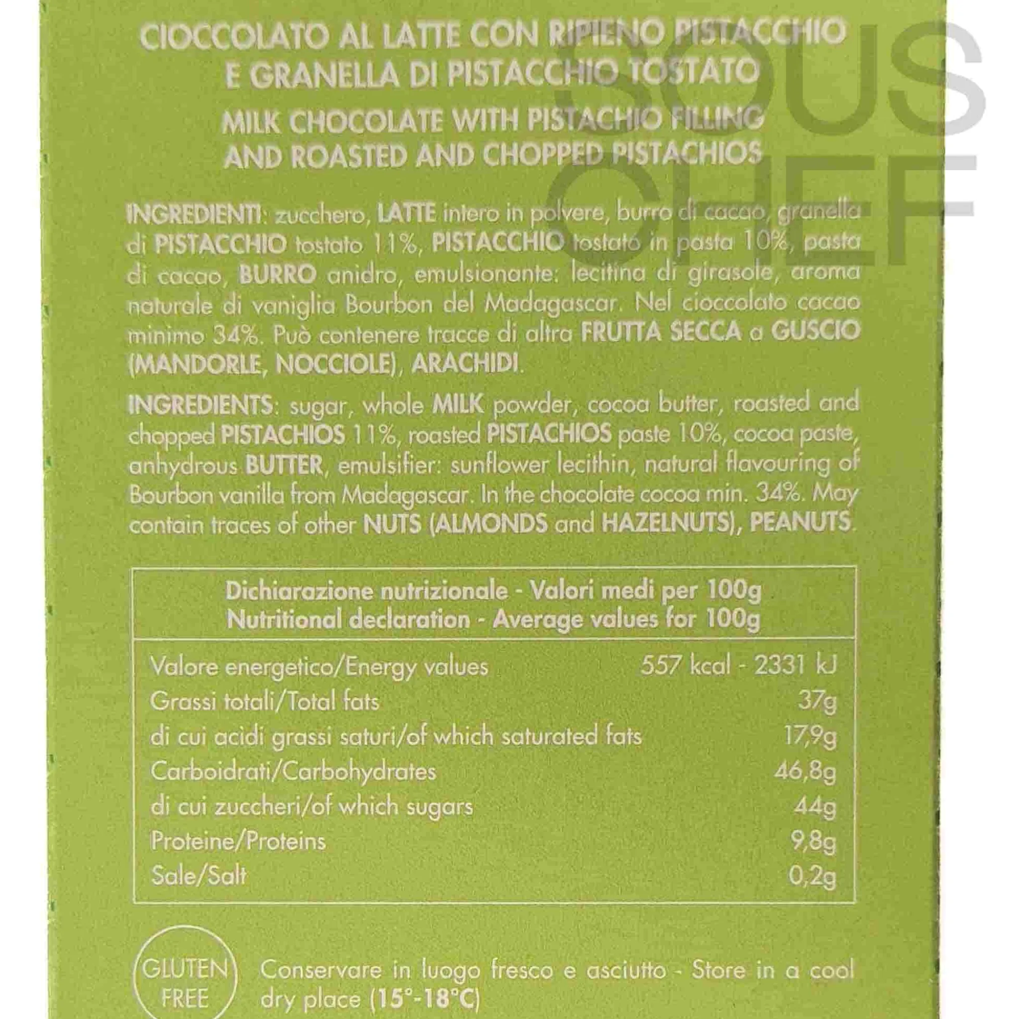 Outlet Milk Chocolate Bar with Pistachio Cream Filling, 95g Ingredients Brands|Italian Ingredients