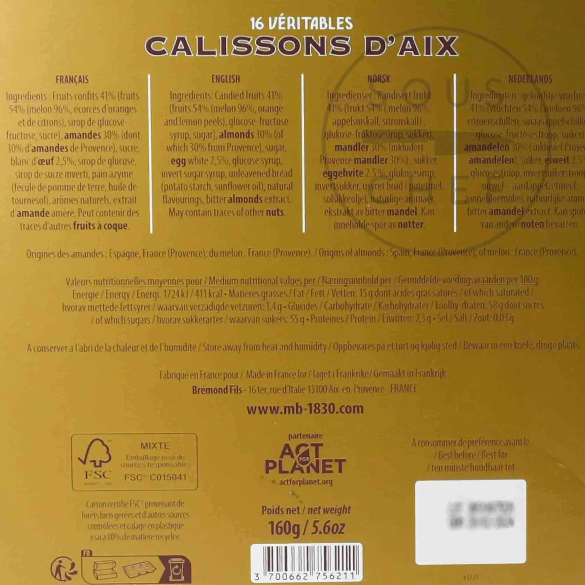 Sale Calissons from Aix, 160g Ingredients Brands|French Ingredients