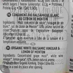 Organic White Balsamic Vinegar & Lemon of Menton, 100ml Ingredients Brands|French Ingredients
