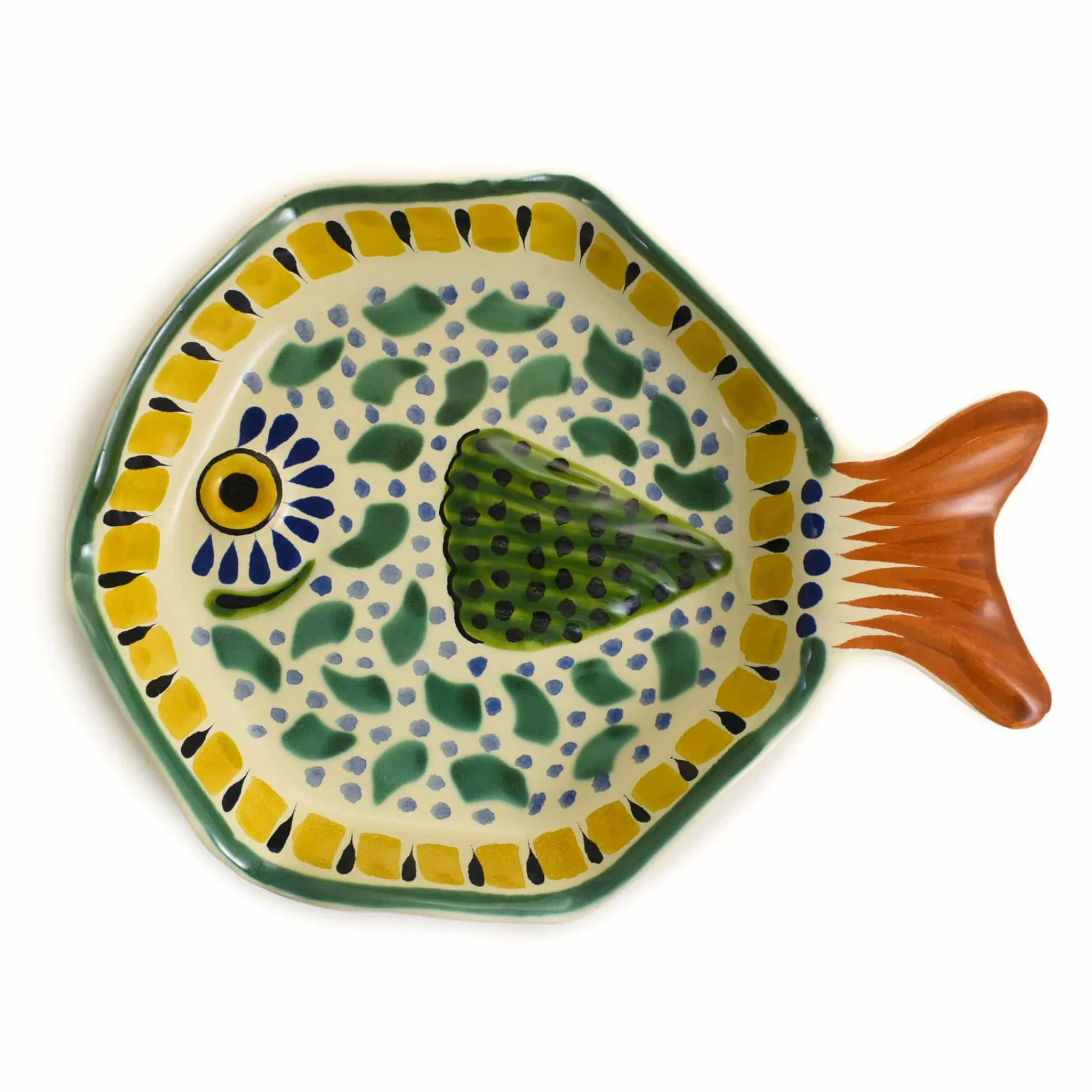 Sale Mexican Hand Painted Green & Yellow Fish Dish, 14x19cm Mexican Ingredients|Tableware Brands