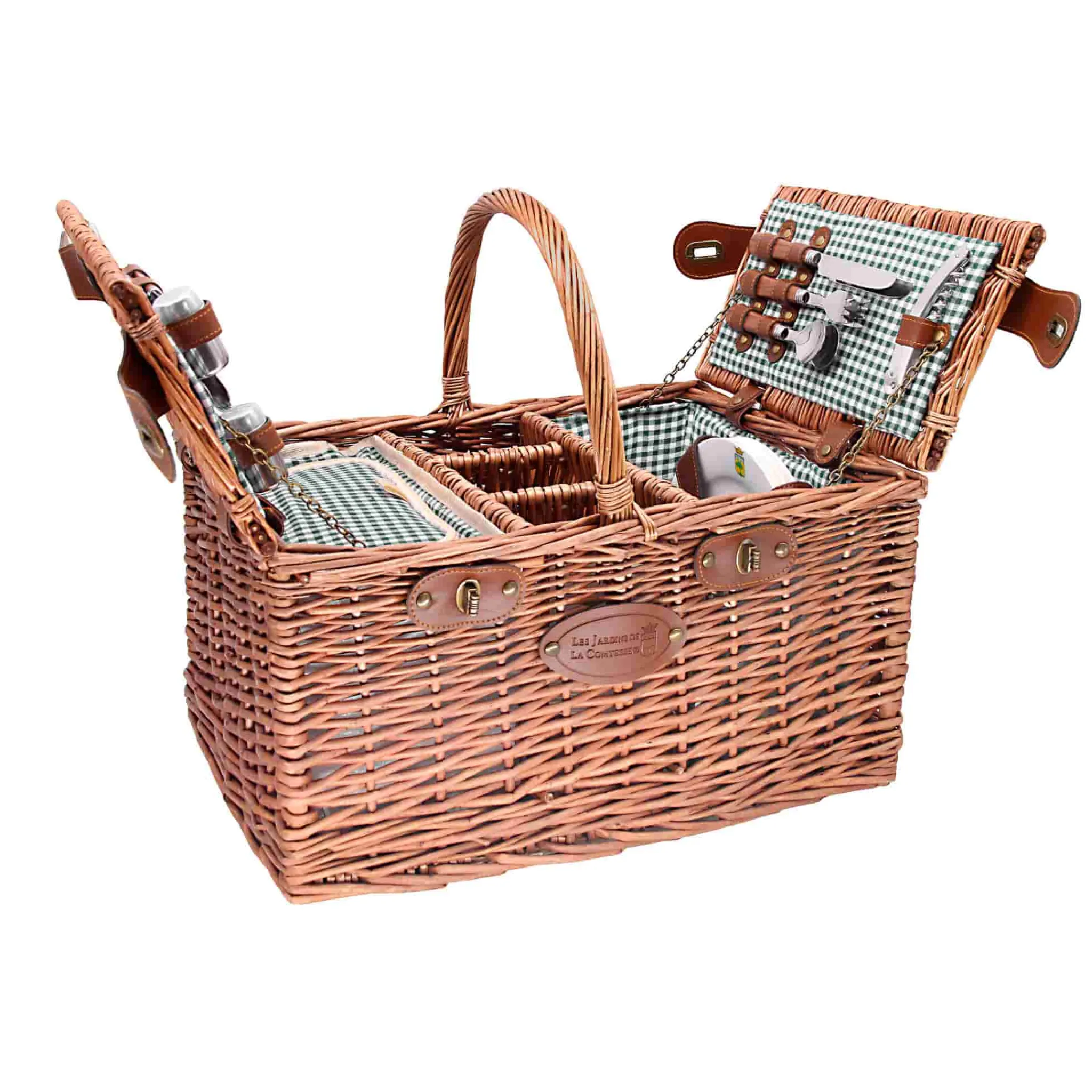 Clearance Saint-Germain Green Gingham Picnic Basket, 4 Person French Ingredients|Picnicware