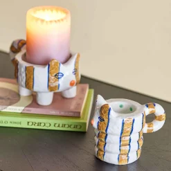 Hot Set of 2 Yellow Striped Cat Candle Holders Table Setting|Tableware Brands