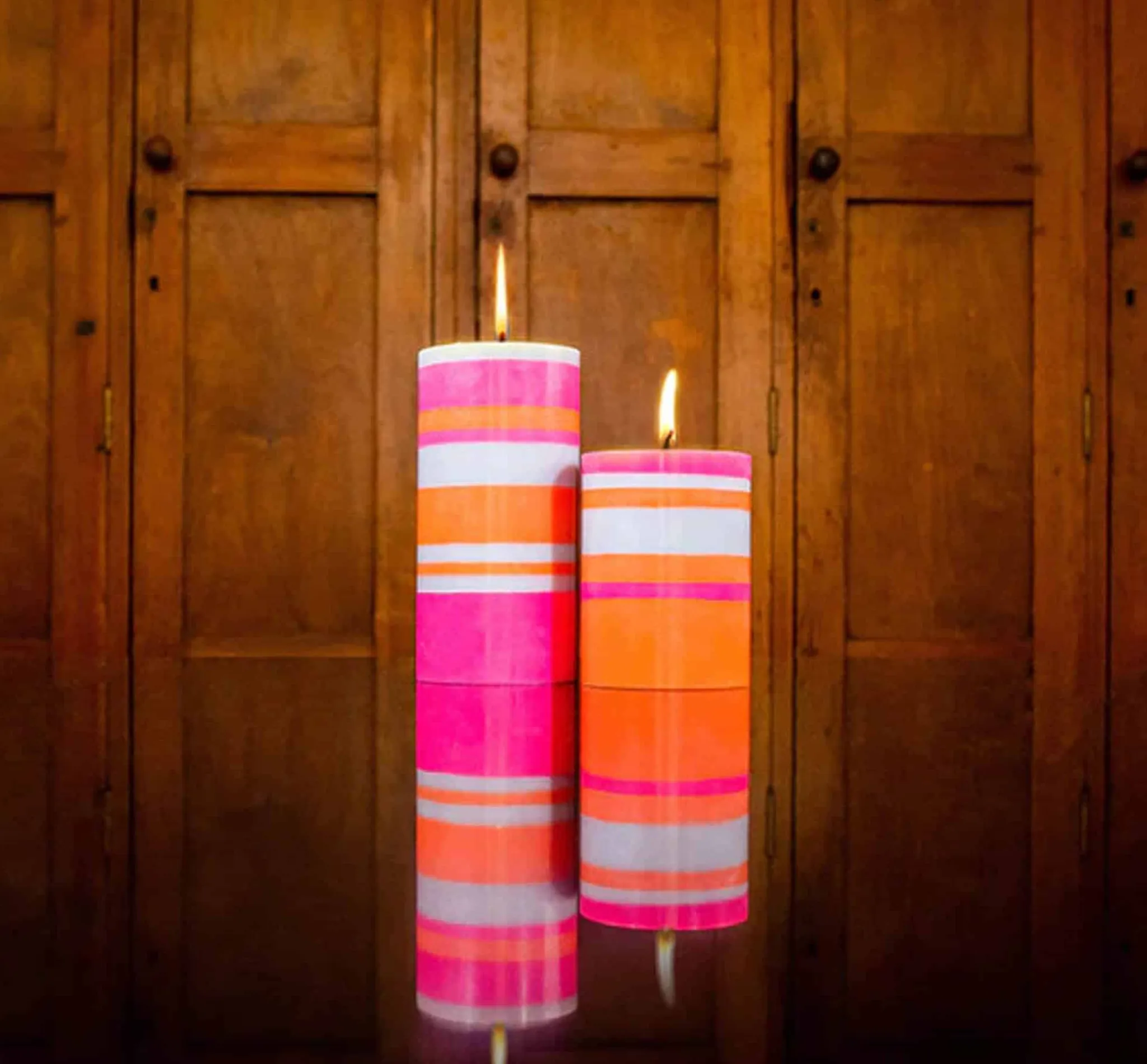 Outlet Striped Pillar Candle, Orange & Pink, 10cm Table Setting|Tableware Brands